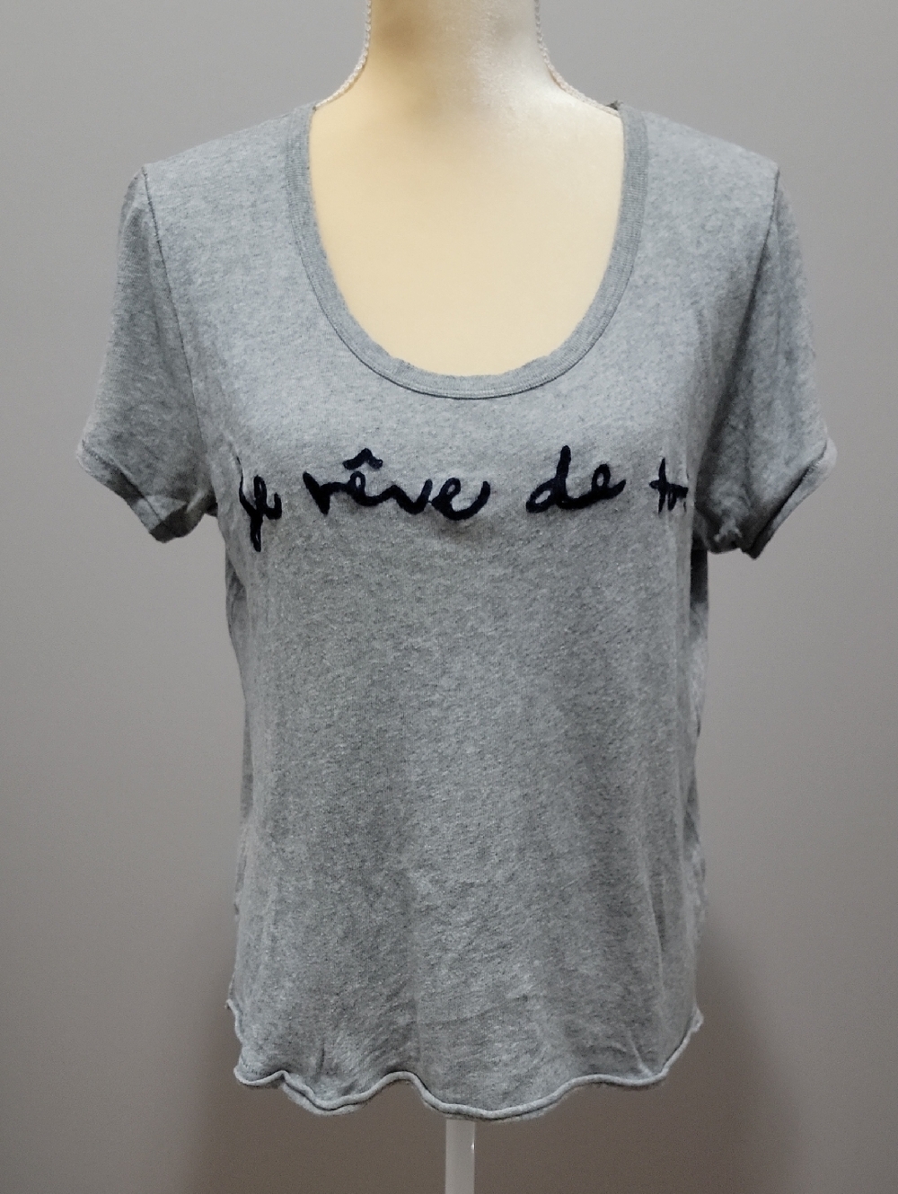 Free People Light Grey Scoop Neck with French Script "I Dream Of You" Tee Sz XS